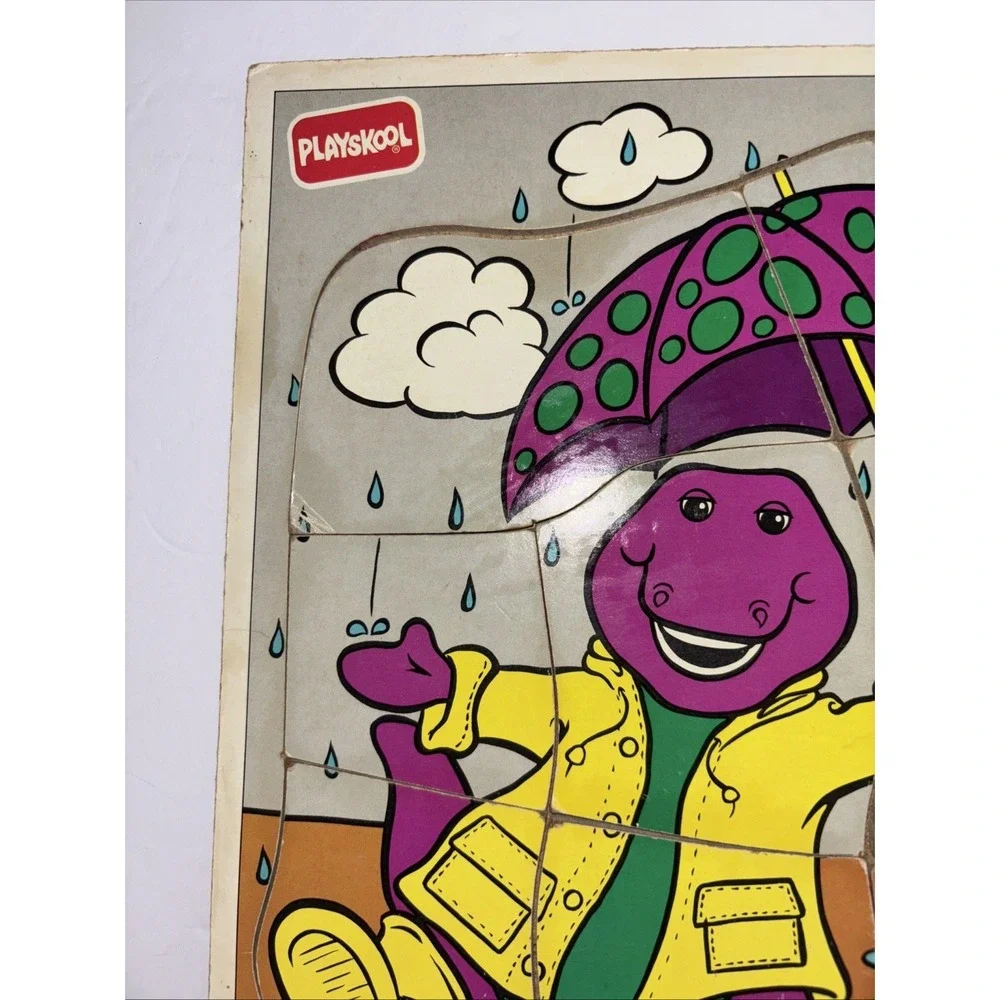 Vintage Playskool  Barney Dancing in the Rain Dancin' Wooden Puzzle 1993